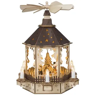 HGD Saico LED-Weihnachtspyramide Schneemann mit Motor & Musik batteriebetrieben Holz 36 cm warmweiß natur