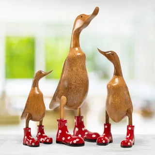 DomDeco Handgefertigte Deko-Figur Ente mit Rot gepunkteten Stiefeln aus Holz, ca 35cm