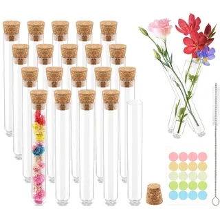 20 Stücke Transparente Reagenzgläser mit Korken, Mini 10ml Blumen Kleine Reagenzglas, Kunststoff Reagenzgläser Glasröhrchen Set mit Reinigungsbürste und Anhänger Benutzt für Blumen,Gewürze, Kräuter