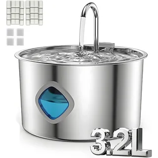 Katzenbrunnen Edelstahl Katzen Trinkbrunnen Super leiser, 3.2L Katze Wasserbrunnen für Katze mit LED und Aktivkohlefilter, Leicht zu reinigender Katzen Trinkbrunnen - mit 8 Kohlefilters