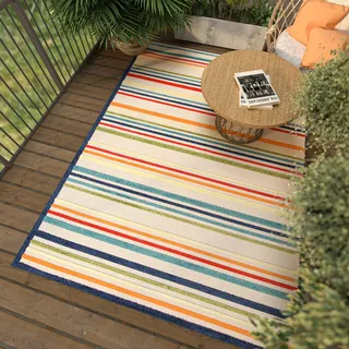 Mazovia Teppich Outdoor Wetterfest - Teppiche für Terrasse, Garten - Balkon Teppich Wasserabweisend - Gestreift - Bunt 80 x 200 cm