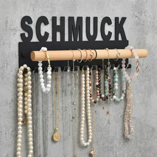 Schmuckhalter Wand Metall und Holz Design by GALEARA Schmuckleiste mit Schmuck oder Bijoux Schriftzug Schmuckaufbewahrung... (Schmuck Schwarz)