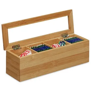 Relaxdays Teebox Bambus 4 Fächer Hellbraun