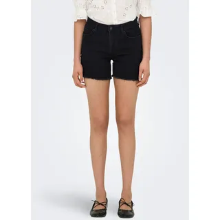 Only Jeansshorts ONLY "ONLLAURA MID WAIST SHORT RW BOX", Damen, Gr. L, N-Gr, schwarz, Denim/Jeans, Obermaterial: 80% Baumwolle, 19% Polyester, 1% Elasthan, unifarben, regular fit kurz, Jeans Jeansshorts, mit ausgefranstem Saum