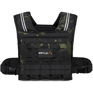 KRYLIX Adjustable Weighted Vest for Men and Women 20kg Heavy Duty Workout Vest with Removable Iron Weights & Reflective Stripe for Strength Training Running Rucking and Calisthenics (Camo)