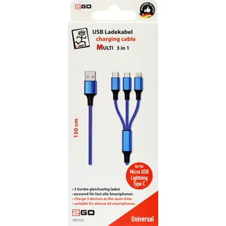 2Go 3in1 USB Ladekabel - blau - 150cm f. Micro-USB
