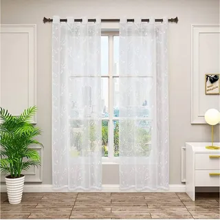 Woltu 2er Set Gardinen transparent Blumen Stickerei mit Ösen Leinen Optik, Doppelpack Ösenschal Vorhang Voile Fensterschal Dekoschal für Wohnzimmer Schlafzimmer, 140x245 cm, Weiß