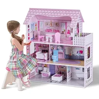 Costway Puppenhaus 3-stöckig rosa