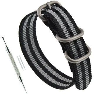 MZBUTIQ 23mm Schwarz/grau Uhrenarmband Watch Band Dickes Nylon für Herren Matte Silberne Schnalle 3 Ringe