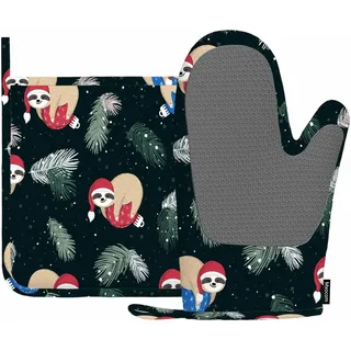 Mxocom Lustige Faultier Ofenhandschuhe und Topflappen Sets Tannenzweige Schnee Weihnachtskugel Silikon Hitzebeständig Küche Ofenhandschuhe Topflappen zum Kochen