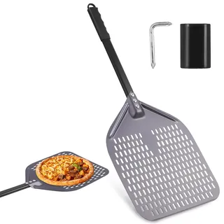 LEAZZLE Pizzaschieber perforiert 30cm,Refined Pizza Oven Accessories,Pizzaschaufel aus Hart Eloxiertes Aluminium mit Verbrühungshemmend Griff,Brotschaufel zum Heben für hausgemachte Pizza,Brot,Kuchen