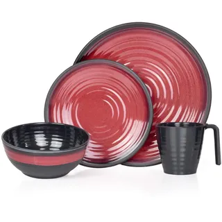 Camping Geschirr Set 1 Person 4-teilig | Melamin | Picknick Geschirrset | Campinggeschirr Stone Red Design