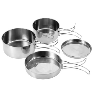 Wosume Outdoor Kochgeschirr Set Mess Ki Camping Kochgeschirr Bratpfanne Camping Kochgeschirr Set, 4 Stück tragbare Edelstahl Kochgeschirr Set Camping Picknick Outdoor Pan Pot Plate Geschirr