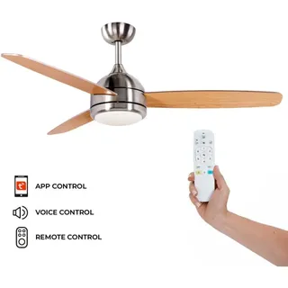 Siroco Silver Deckenventilator dc 132x40cm 55W mit Holzblättern, dimmbarem Licht, Timer und Smart Application - Kekai