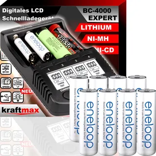 kraftmax BC-4000 EXPERT Ladegerät inkl. 8x eneloop AA Mignon Akkus