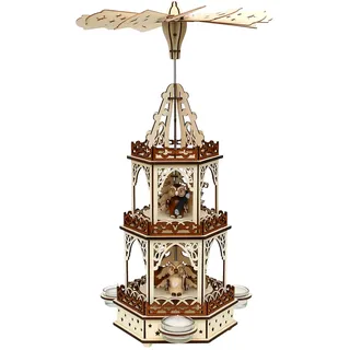 Holz Teelichtpyramide in Natur/braun mit 3 Etagen, für 3 Teelichte, L/B/H: 19 x 16,5 x 42 cm, Motiv: Eulenwald.