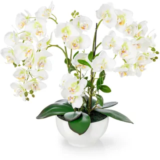 PASCH® XXL Kunstblume Orchidee groß (56cm) in Hochglanz-Keramiktopf | Orchideen künstlich | Kunstblumen wie echt | künstliche Orchideen im Topf | künstliche Blumen im Topf (Weiß)