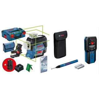 Bosch Professional 12V System Linienlaser GLL 3-80 CG (2x 12 V, Ladegerät, grüner Laser, App, Universalhalterung, Arbeitsbereich bis 30 m) & Ortungsgerät GMS 120-27 (max. Detektionstiefe 120 mm)