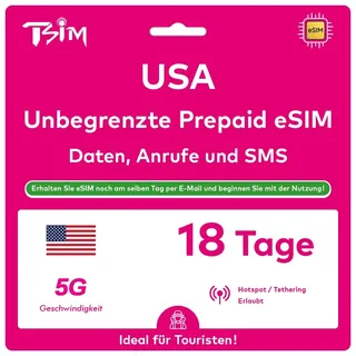 USA eSIM 18 Tage. T-Mobile Netzwerk mit Unbegrenzt Highspeed-Daten, Lokale Anrufe und SMS in den USA (Hawaii Inklusive). Erhalte eSIM Am Selben Tag per E-Mail und Beginne Sofort mit der Nutzung!