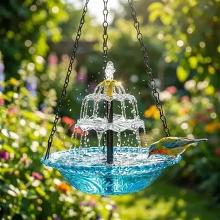 Solarbrunnen, Solar-vogelbrunnen, Hängendes Vogelfutterhaus Mit Solarwasserfall, Hängendes Kolibrifutterhaus Mit Solarpumpe, Hängendes Wasser, Lockt Kolibris An (blau)