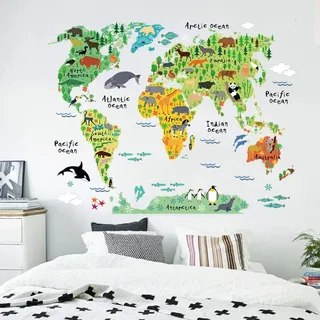 BestDealz Kinderzimmer Wandtattoo Babyzimmer Weltkarte Tiere Wandsticker für Kinder Junge Mädchen Baby Wandaufkleber Wanddeko Landkarte Welt