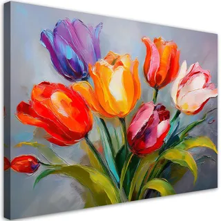 Feeby Leinwand Bilder - Buntes Tulpenbouquet - Vlies 90x60 cm - Deko Wohnzimmer - Wandbilder Schlafzimmer - Deko Aesthetic - Wand Deko - Leinwand Groß - Deko Zimmer - Leinwandbilder XXL
