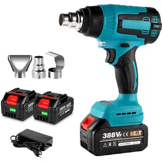 Heißluftpistole, 2000W Akku Heißluftfön, Kabellos Heißluftgerät, mit 2 Akku und 4 Düsen, für Schweißen, Biegen von Rohren, Farbentfernung