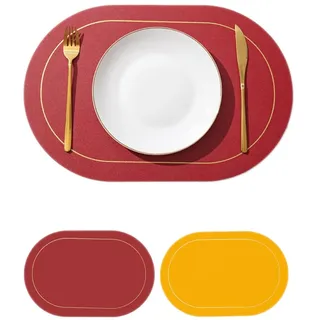 Wambere 6 Stück 45cm×30cm Tischsets Platzsets Leder,Zweifarbiges Ovales Tischset,Tischdekoration Tischuntersetzer Essunterlagen Tischsets Abwaschbar Abwischbar rutschfest Hitzebeständig,Rot + Gelb