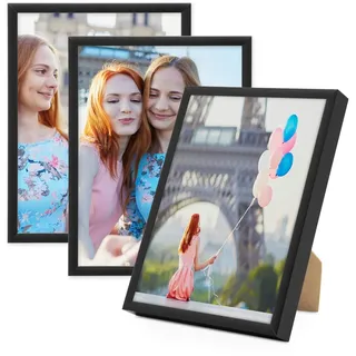 PHOTOLINI Alu-Bilderrahmen 15x20 cm Schwarz schmal, 3er Set Metall-Rahmen aus Aluminium, bruchsicheres Acrylglas, zum Aufhängen & Aufstellen, extra Zubehör, modernes Design für Poster & Fotos