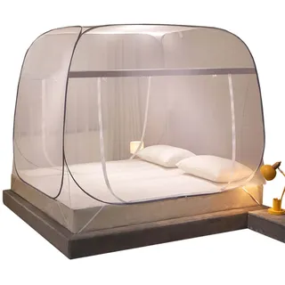 EOMIK Moskitonetz, Betthimmel Doppelbett Quadratische Oberseite Und Unterseite Für Reisen Nach Hause Anti Moskito Zelt Faltbares Pop Up Bettnetz Freistehendes Campingzelt, 180x200cm,Grey