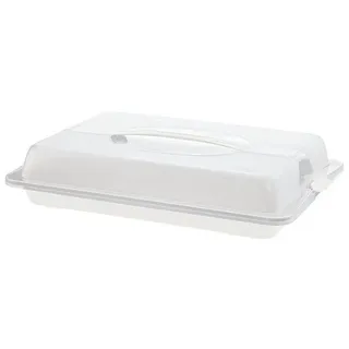Rotho Partybutler mit Haube 43,5 x 29,5 cm Weiß/Transparent | Kuchenbehälter für Blechkuchen und Gebäck, flache transparente Haube mit Griff zum Tragen, rechteckig, aus PP-Kunststoff