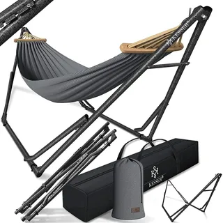KESSER® Hängematte Vill mit Gestell Metall Faltbar verstellbar Stabiler Rahmen Indoor & Outdoor Mit Tragetasche + Beutel Hängesessel Hängemattengestell Camping Garten Pool Balkon Terrasse, Grau