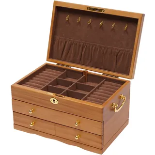 Schmuckkasten, 3 Schichten Holz Schmuckkästchen Großer Kapazität Schmuckschatulle mit Schloss,Vintage Braun Schmuckbox Geschenk für Mutter Freundin Damen