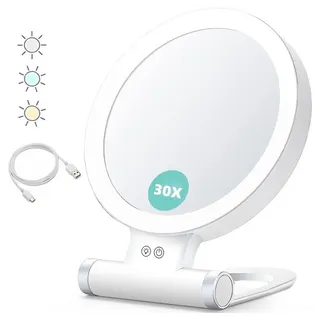 VIVIHEYDAY Vergrößerungsspiegel Schminkspiegel mit Beleuchtung für Tisch Kosmetikspiegel 3Lichtfarben (Dimmbar, 30 Fach Vergrößerung) weiß