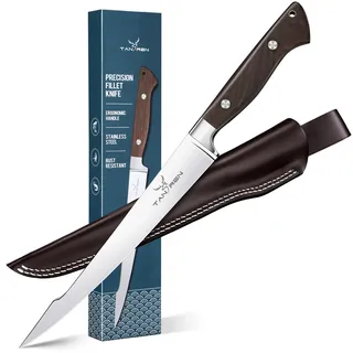 TAN REN Filetiermesser Fisch 23cm, Edelstahl Filetiermesser Scharf Fisch, Fischerei Fisch mit Scheide zum Filetieren und Reinigen, Full Tang Fischmesser mit Holzgriff