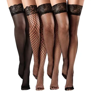 4 Paar Strapse Damen Netzstrümpfe, Rutschfeste Nylon Netzstrümpfe, Silikon Spitze Schenkelstrümpfe für Cosplay Party Schwarz Halterlose Spitzenstrümpfe Einheitsgröße - Schwarze - 22-25 Tall