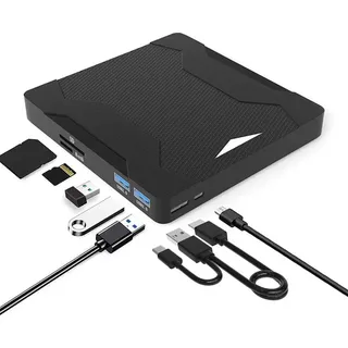Externes CD DVD VCD Laufwerk 5 in 1, USB 3.0 & Typ C tragbarer Player Brenner, Ultra Slim, mit SD/TF Kartenleser, für Laptop PC MacBook Windows Linux