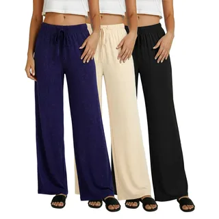 Real Essentials 3er-Pack: weiche Palazzo-Hose für Damen, weites Bein, Yoga, Freizeit, Loungewear, Pyjamahose (Plus erhältlich), Set 5, Small - S