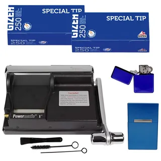 Powermatic 1 Plus Elite Zigarettenstopfmaschine I Zigarettenstopfer Zigarettenmaschine Zigarettenfertiger Zigarettenhülsen Filterhülsen Benzinfeuerzeug Alu Box mit Magnetverschluss (Blau Set)