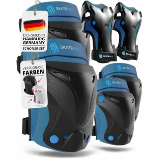 SKATEWIZ Knieschoner Kinder - Schoner Inliner Kinder - Knieschützer - Schützer Inliner Schoner Set - Protektoren Knie und Ellenbogenschützer - PROTECT-1 Blue Größe XS - Skateboard, Inline Skates