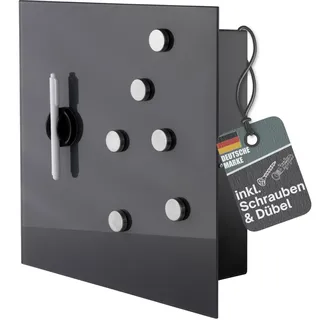 BALOU Schlüsselkasten modern mit Glas Magnettafel - Memoboard magnetisch mit 6 Magneten und Stift - Schlüsselschrank groß mit 20 Haken - Ideal für Flur, Eingangsbereich, Büro - 33x33x6,8cm anthrazit