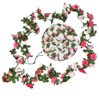DINGFENG Blumengirlande (2er Pack) - 2,45m Künstlich Rosenblüten Girlande Hochzeit Dekoration in Pink & Magenta Outdoor | Wetterfeste Blumen Girlande Set für Balkon, Blumenwand & Türkranz Sommer