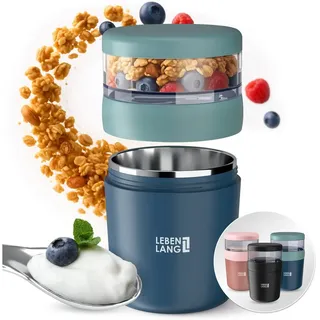 Lebenlang Aufbewahrungsbecher Müslibecher, Isolierende Edelstahlinnenwand, ToGo mit Löffel & 650ml, Edelstahl/Kunststoff, (500ml Becher, 150ml Aufsatz, Drehvershluss, faltbarer Löffel), Auslaufsicher & Perfekt für Schule, Kita, Büro oder Uni blau