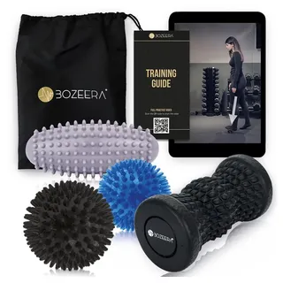 BOZEERA Igelball Fußmassage Set |1X Fußmassagegerät 2X Massageball mit Noppen 1x Ovaler Stachelball|für Rücken Beine Füße| Fußroller & Igelbälle mittel, ovaler Stachelball hart|Inkl Video,Poster & Tasche