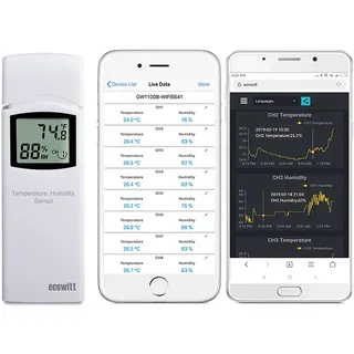 ECOWITT drahtlosem Mehrkanal für Thermometer-Hygrometer, Innen- und Außentemperatur- und Luftfeuchtigkeitsmesser mit LCD-Display, Remote-App-Überwachung, Dip-Schalter zum Umschalten WH31(WN31)
