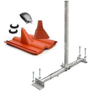 PremiumX Dachsparrenhalter Satellitenschüssel Montage Set Sparrenhalter feuerverzinkt Frankfurter Dachziegel rot SAT Mastkappe