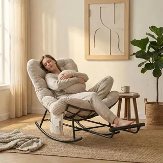 LVHOM Schaukelsessel mit verstellbarer Fußstütze, Schaukelstuhl Cordbezug, Rattanstuhl mit Stahlgestell und Seitentasche, Loungesessel, Beige - Beige