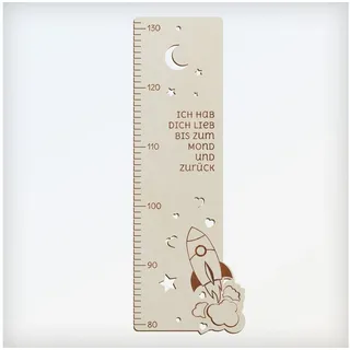 Namofactur Messlatte Kinder Holz Messlatte „Ich hab dich lieb bis zum Mond..” Junge Mädchen, Skala von 80-130 cm, Inkl. Edelstahl Wandhalterung Set beige