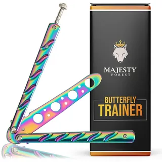 MAJESTY FOREST® Butterfly Trainer R1 Rainbow – Balisong Trainingsmesser für Einsteiger, legaler Flipper mit E-Book & Holster, Edelstahl Übungsmesser, Geschenkidee