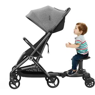 Buggy Board mit Sitz, Kiddy Board, universelles Stehbrett für Kinderwagen, kompatibel mit den meisten Kinderwagen – längenverstellbar (54-58,5 cm), mit Sitzpolster, für Kinder von 3-7 Jahren